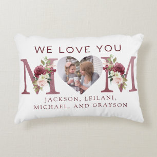 Mom Floral Heart Photo Botanical Accent Pillow