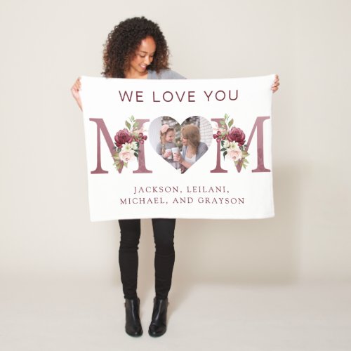 Mom Floral Heart Photo Botanical Fleece Blanket