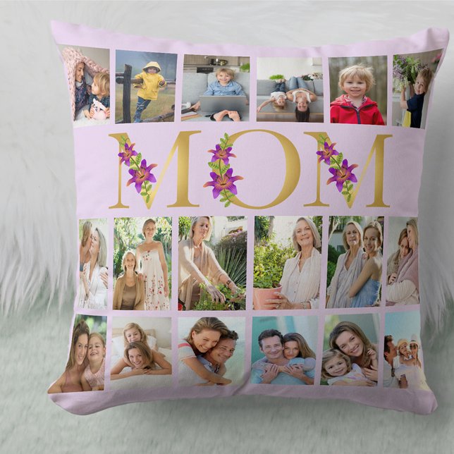 Mom Floral Letters 18 Vertical Photo Collage Lilac Throw Pillow (Creator Uploaded)