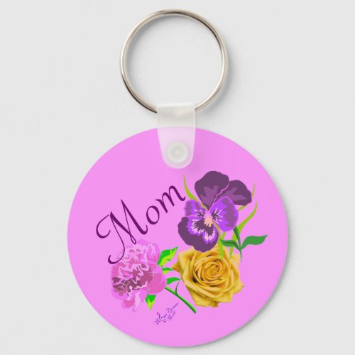Mom Floral Pink Button Keychain