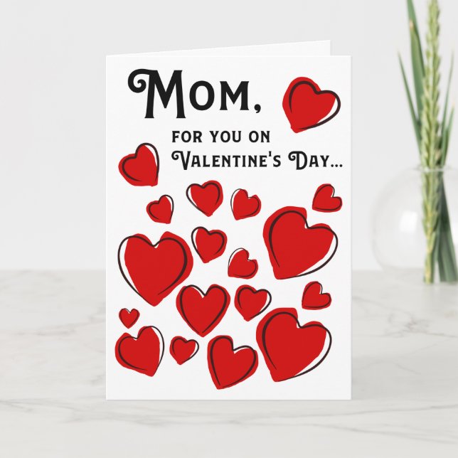 Mom for You on Valentine's Day Red & Black Hearts Holiday Card (Front)