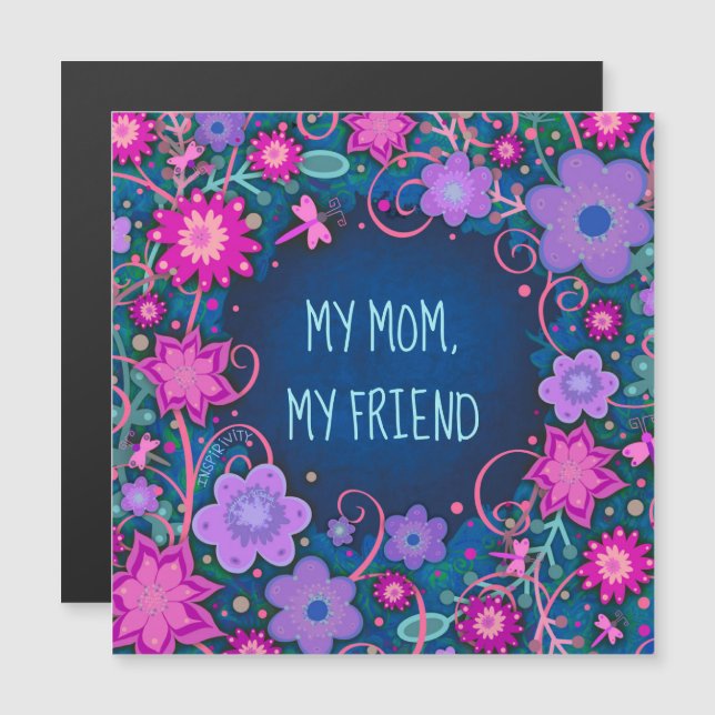 Mom Friend Pretty Floral Heart Blue Magnetic Card (Front/Back)