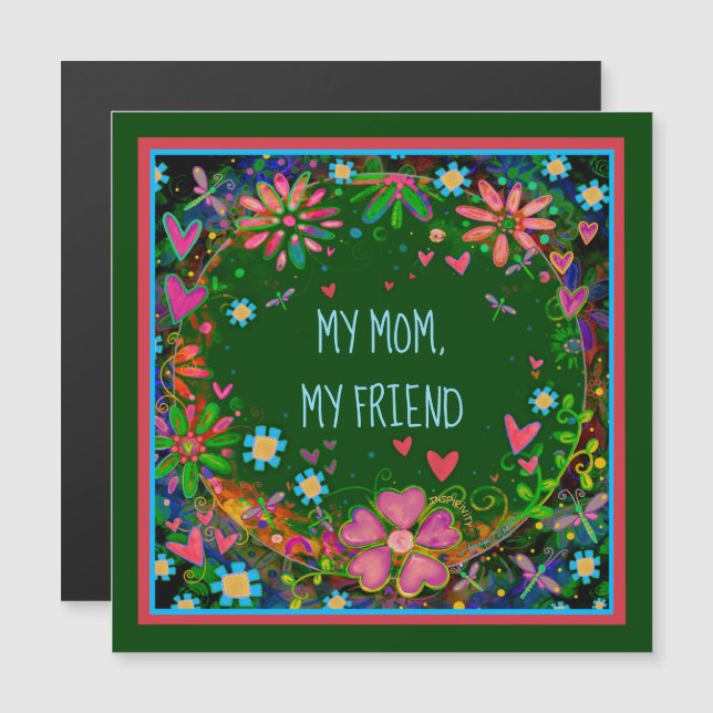 Mom Friend Pretty Floral Heart Green Magnetic Card (Front/Back)