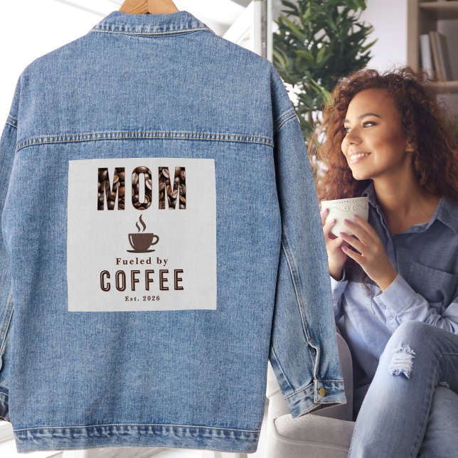 Mom Fueled by Coffee Funny Humor Denim Jacket (A cool denim jacket with "Mom fueled by coffee' in  coffee beans lettering, coffee cup and est. year)