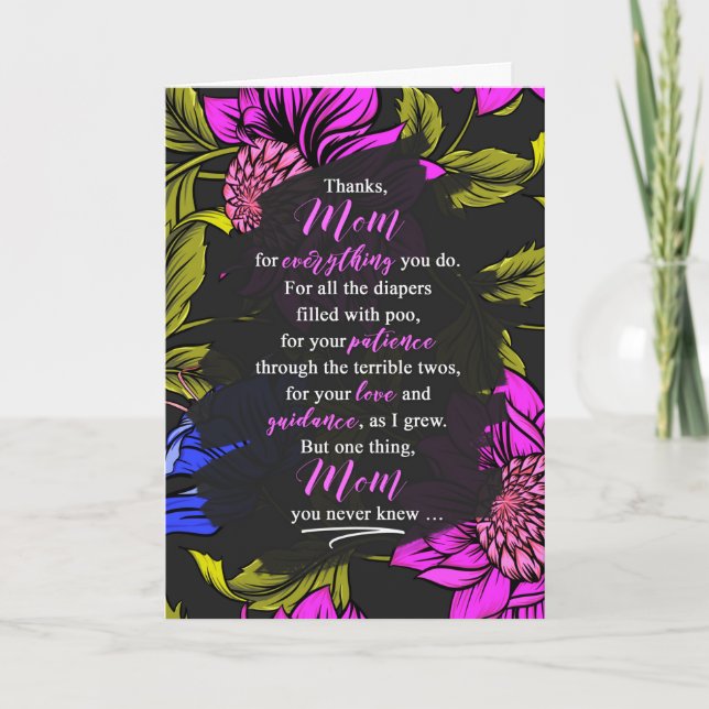 Mom Funny Mother's Day Sentiment Purple Flowers Holiday Card (Front)