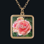 Mom Giant Pink Rose Close-up Photo Custom Name Gold Plated Necklace<br><div class="desc">“Mom.” A close-up photo of a softly-lit pink rose against dark green foliage makes you want to "stop and smell the flowers". Relax and inhale the beauty of this photograph whenever you wear this stunning, beautiful photography personalized name charm necklace. This necklace comes in small, medium and large sizes, as...</div>