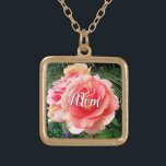 Mom Giant Pink Rose Close-up Photo Custom Name Gold Plated Necklace<br><div class="desc">“Mom.” A close-up photo of a softly-lit pink rose against dark green foliage makes you want to "stop and smell the flowers". Relax and inhale the beauty of this photograph whenever you wear this stunning, beautiful photography personalized name charm necklace. This necklace comes in small, medium and large sizes, as...</div>