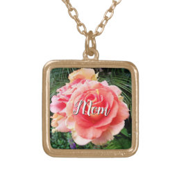 Mom Giant Pink Rose Close-up Photo Custom Name Gold Plated Necklace