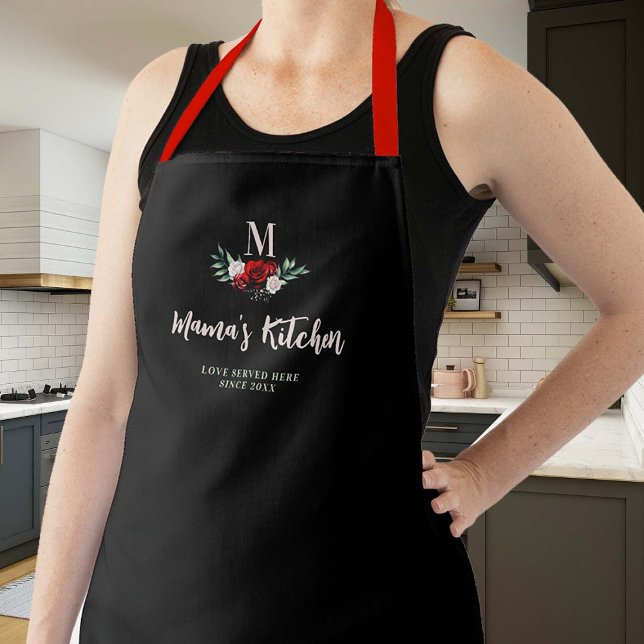 Mom Gift Black Red Roses Floral Elegant Monogram Apron (mom apron elegant personalized christmas gift monogram mamas kitchen black red roses pretty cute)