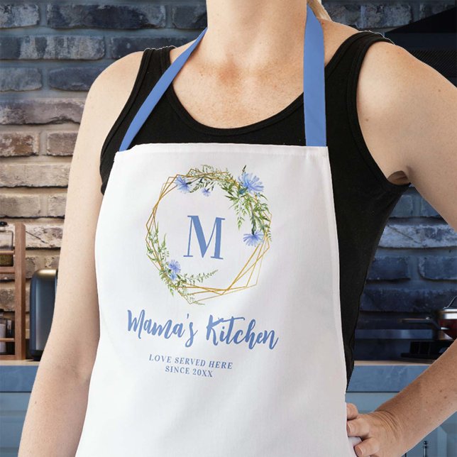 Mom Gift Blue Cornflowers Gold Geometric Monogram Apron (mom apron personalized christmas gift monogram blue cornflowers gold geometric flowers frame pretty)