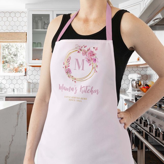 Mom Gift Dusty Pink Wildflowers Gold Monogram Apron (mom apron personalized monogram christmas gift dusty pink wildflowers gold circles frame pretty )