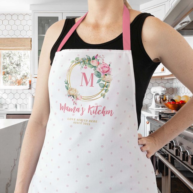 Mom Gift Pink Blush Rose Polka Dots Gold Monogram  Apron (mom apron personalized christmas gift pink blush roses floral gold geometric frame monogram polka)
