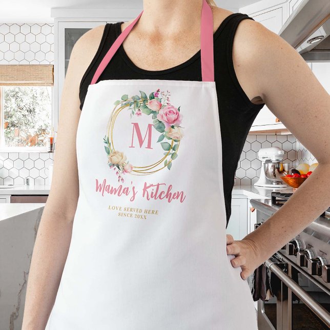 Mom Gift Pink Blush Roses Flowers Gold Monogram Apron (mom apron pink blush roses floral personalized christmas gift monogram gold geometric pretty cute )