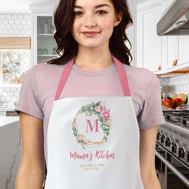 Mom Gift Pink Blush Roses Flowers Wreath Monogram Apron (mom apron roses wreath monogram personalized christmas gift gold pink blush geometric pretty cute)