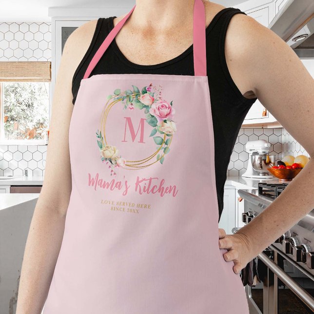 Mom Gift Pink Blush Roses Gold Monogram Floral Apron (mom apron personalized christmas gift pink blush roses eucalyptus greenery monogram pretty cute chic)