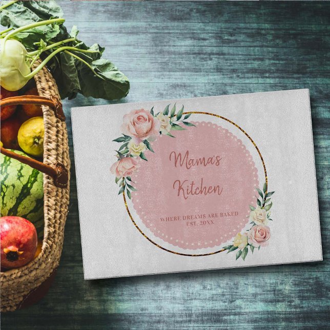 Mom Gift Pink Gold Green Floral Wreath Blush Roses Cutting Board (mom gift gold floral wreath pink blush roses botanical eucalyptus thanksgiving christmas birthday )