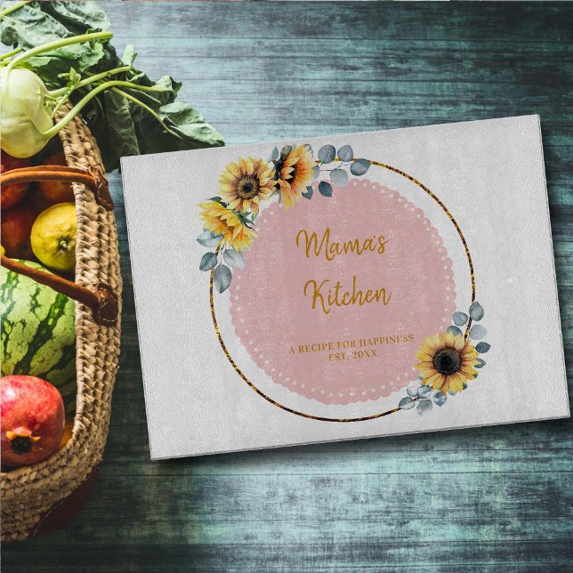 Mom Gift Sunflowers Eucalyptus Flowers Gold Wreath Cutting Board (mom gift glass cutting board sunflowers wreath eucalyptus greenery gold pink thanksgiving christmas )