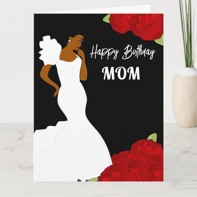 Mom Glam Red Roses African American Birthday Card (Front)