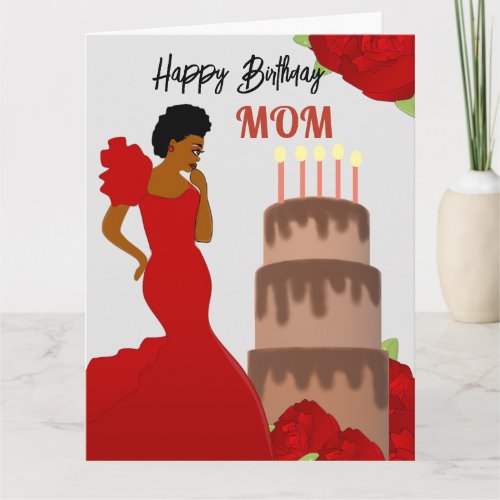 Mom Glam Red Roses African American Birthday Card