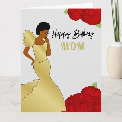 Mom Glam Red Roses African American Birthday Card