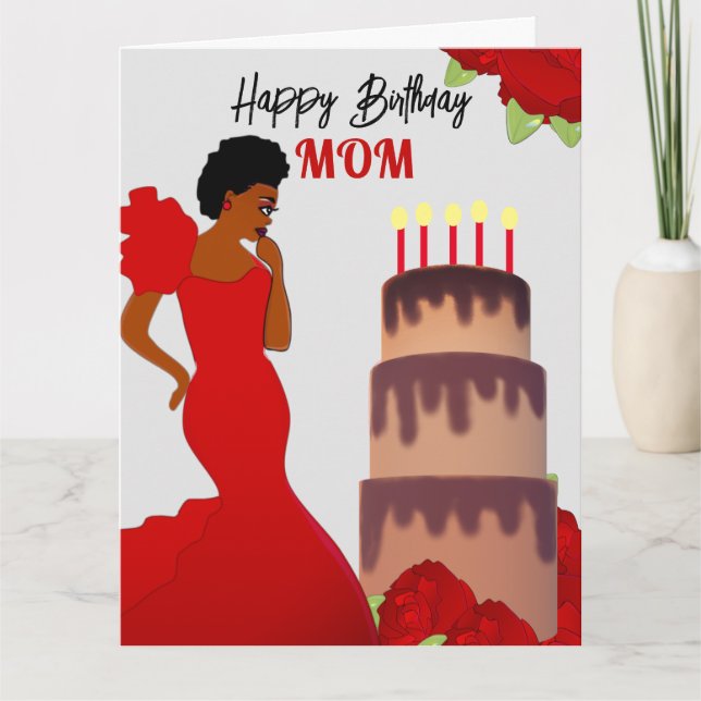 Mom Glam Red Roses & Cake African American Card (Front)