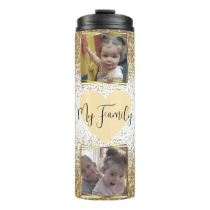 Mom Glitter Name, 4 Photo Family  Thermal Tumbler