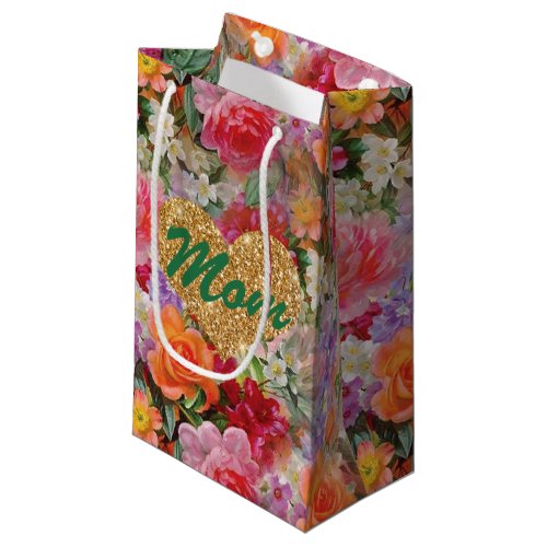 Mom Gold FauxGlitter Heart Colorful Spring Flowers Small Gift Bag