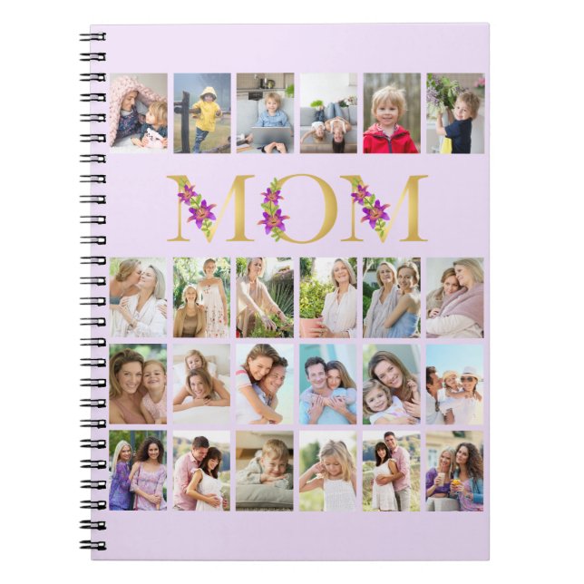 Mom Gold Floral Letters 24 Vertical Photo Collage  Notebook (Front)