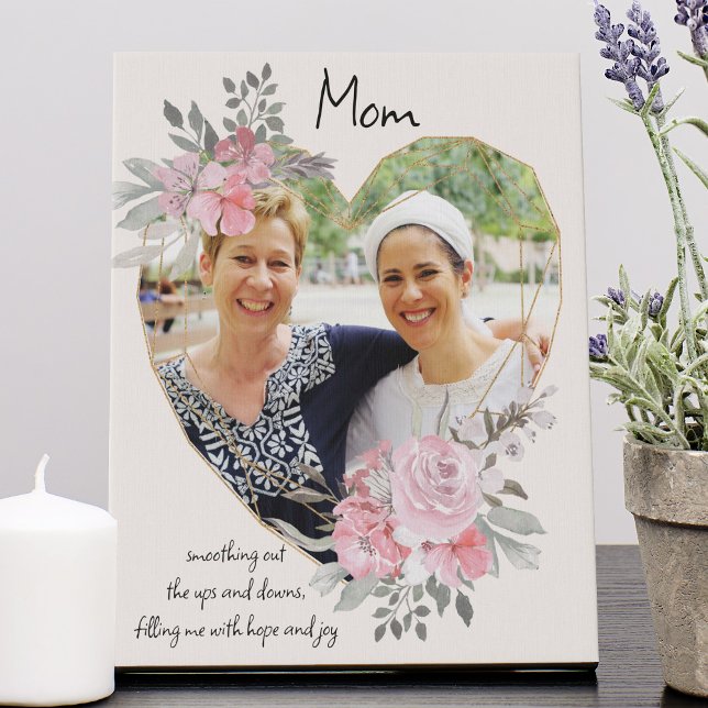 Mom Gold Heart Shaped Pink Floral Photo Frame Faux Canvas Print (Creator Uploaded)