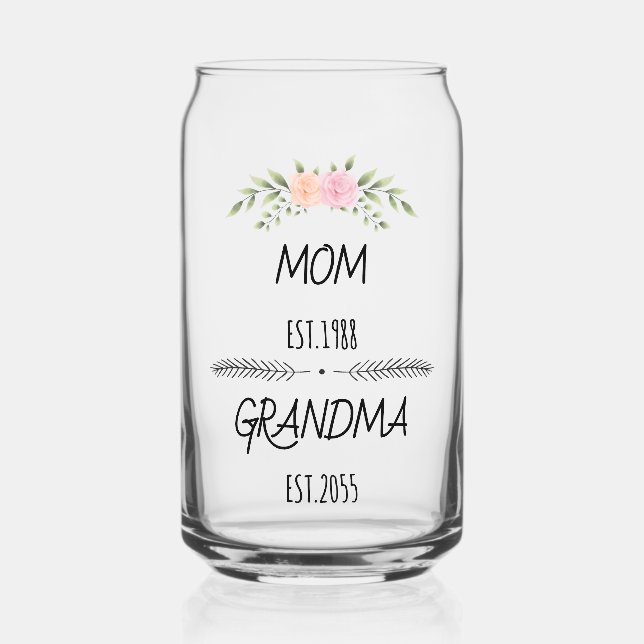 Mom & Grandma Custom Floral Family Establishe Year Can Glass (Front)