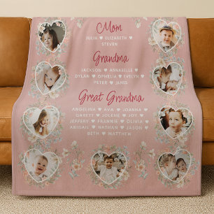 Mom Grandma & Great Grandma With Names Floral Fleece Blanket