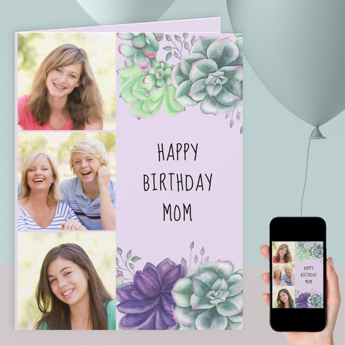 Mom Green and Purple Succulents 3 Photo Birthday Card