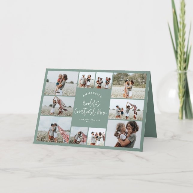 Mom green elegant modern minimal photo collage thank you card (Front)