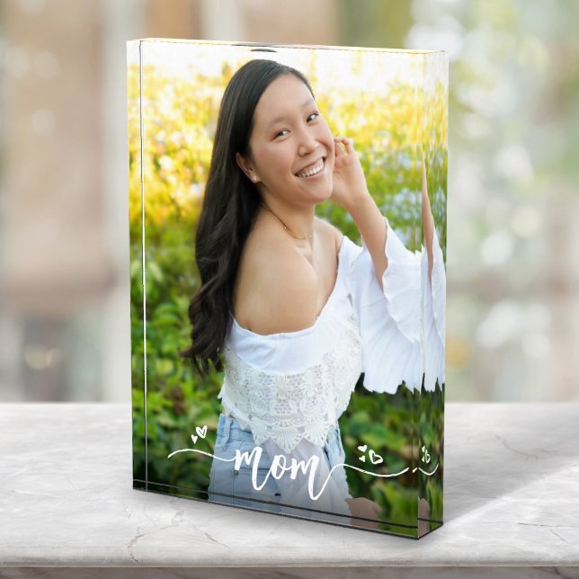 Mom Handwritten Calligraphy Hearts Custom Keepsake Photo Block (Creator Uploaded)