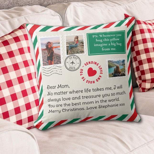 Mom Handwritten Letter Photo Collage Christmas Hug Throw Pillow (Creator Uploaded)