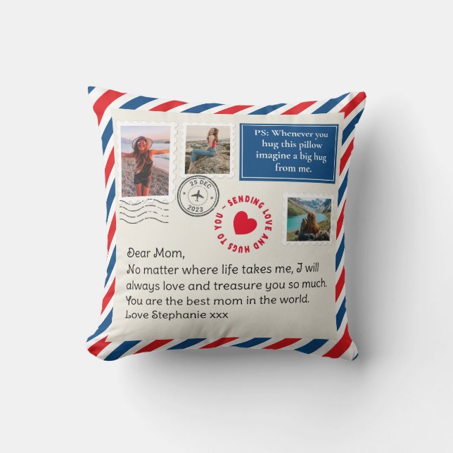 Mom Handwritten Letter Photo Collage Hug Throw Pillow (Front)