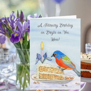 Mom Happy February Birthday Painted Bunting Card