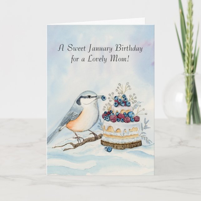 Mom Happy January Birthday Red Breasted Bird Card (Front)