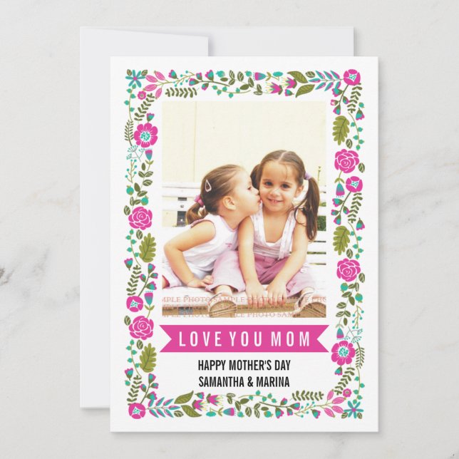 Mom, Happy Mothers Day aqua, hot pink floral photo Card (Front)