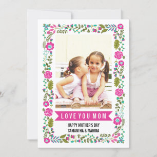 Mom, Happy Mothers Day aqua, hot pink floral photo Card