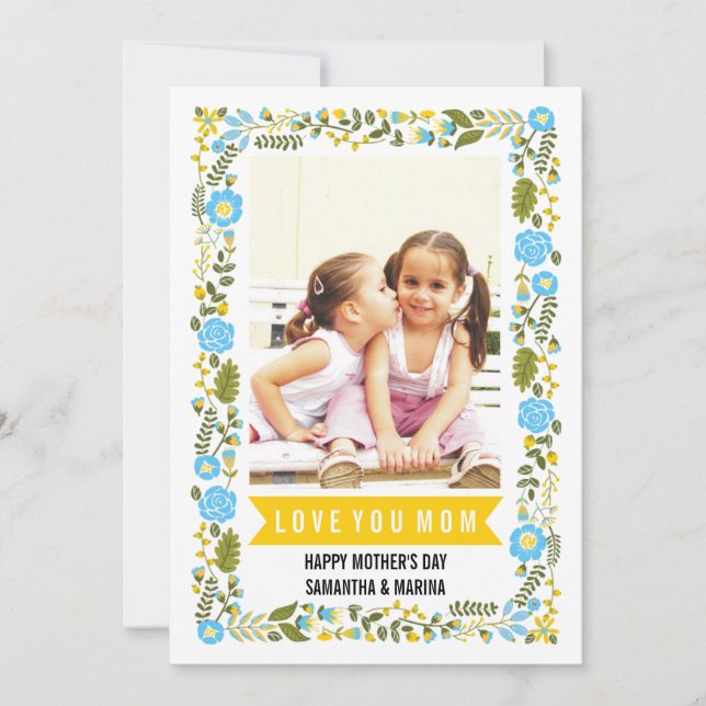 Mom, Happy Mothers Day aqua, yellow floral photo Card (Front)