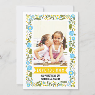 Mom, Happy Mothers Day aqua, yellow floral photo Card