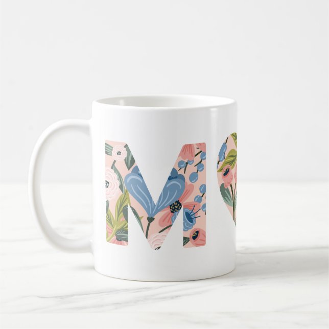 Mom, Happy Mother's Day Floral Typographic Coffee Mug (Left)