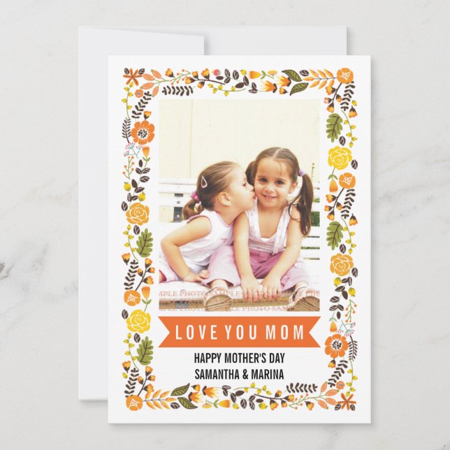 Mom, Happy Mothers Day orange, yellow floral photo Card (Front)