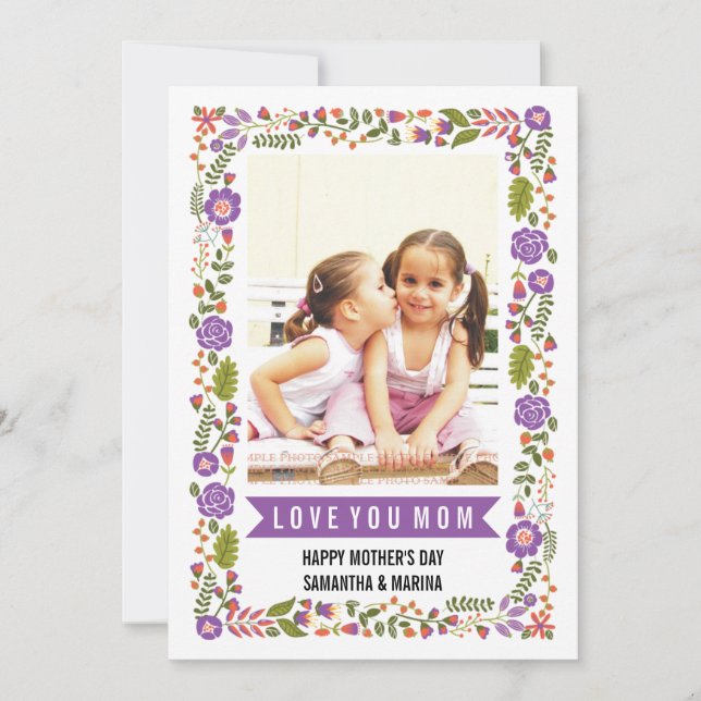 Mom, Happy Mothers Day purple, orange floral photo Card (Front)