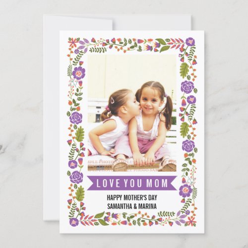 Mom Happy Mothers Day purple orange floral photo Card