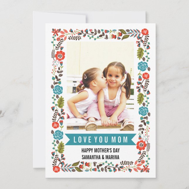 Mom, Happy Mothers Day teal and red floral photo Card (Front)