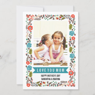 Mom, Happy Mothers Day teal and red floral photo Card