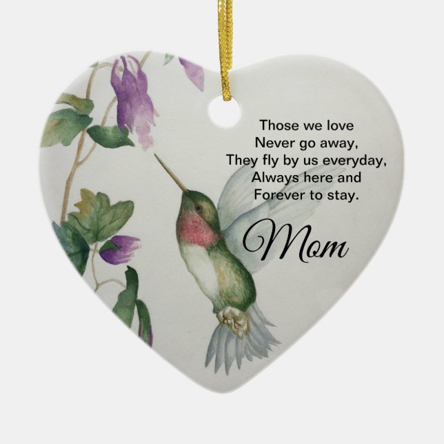 Mom Heart Memorial Never Go Away Bird Ceramic Ornament (Front)