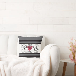 Mom Heart Rose with Kind Words and Stripes Throw Pillow